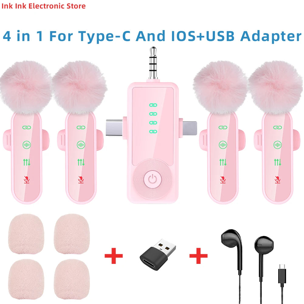 Pink 1 in 4 Lavalier Microphone Noise Cancelling Wireless With Wind Muff Lapel Mic For iPhone Android Camera 4 Pack LED Display - LKBA