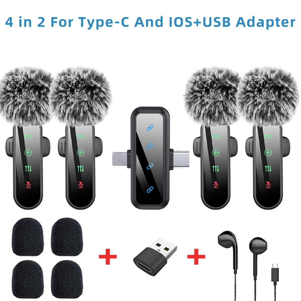 Pink 1 in 4 Lavalier Microphone Noise Cancelling Wireless With Wind Muff Lapel Mic For iPhone Android Camera 4 Pack LED Display - LKBA