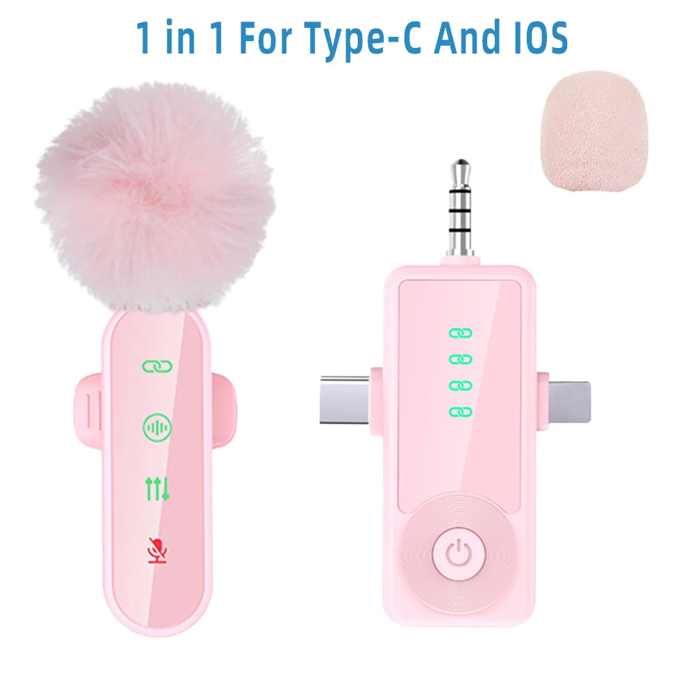 Pink 1 in 4 Lavalier Microphone Noise Cancelling Wireless With Wind Muff Lapel Mic For iPhone Android Camera 4 Pack LED Display - LKBA