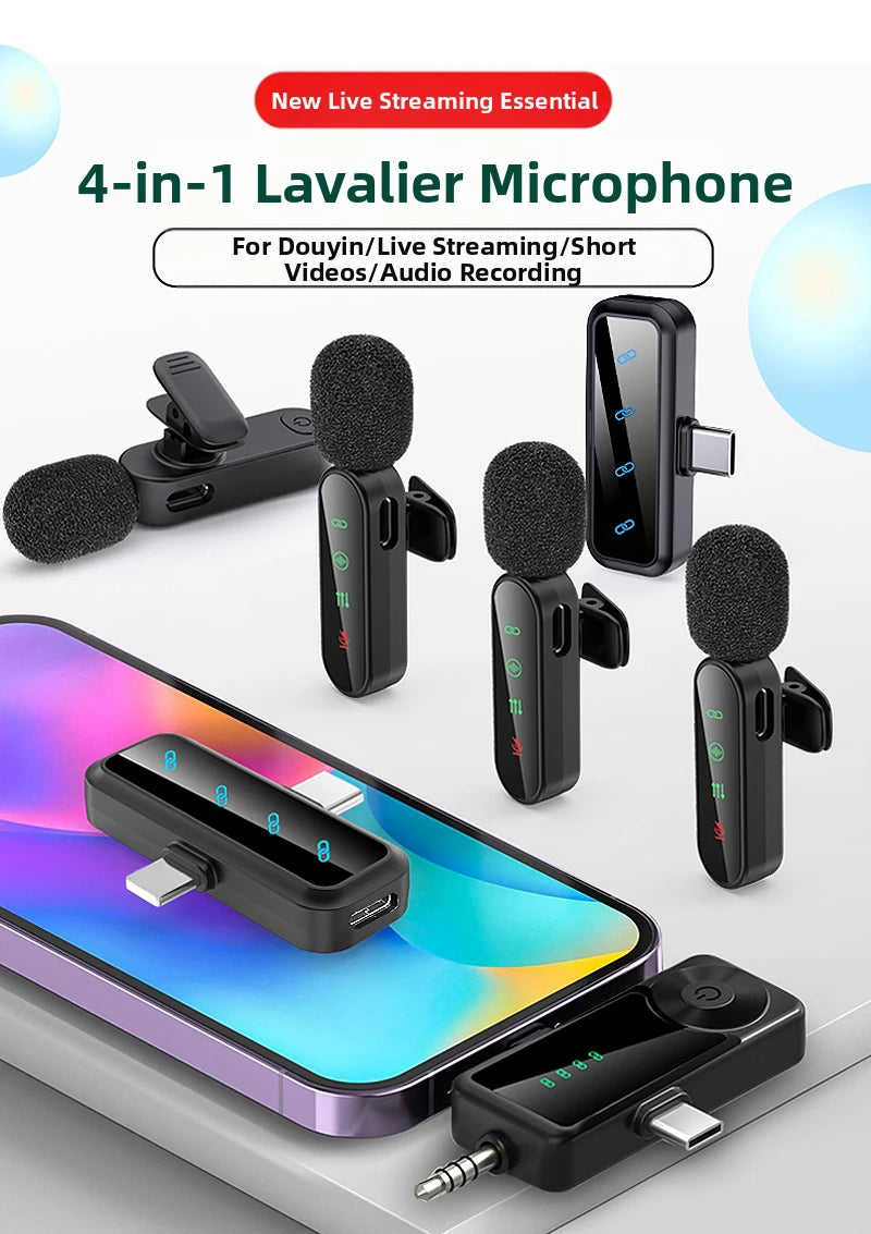 Pink 1 in 4 Lavalier Microphone Noise Cancelling Wireless With Wind Muff Lapel Mic For iPhone Android Camera 4 Pack LED Display - LKBA