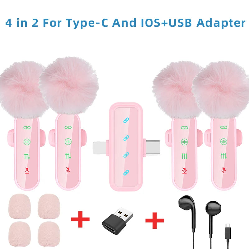 Pink 1 in 4 Lavalier Microphone Noise Cancelling Wireless With Wind Muff Lapel Mic For iPhone Android Camera 4 Pack LED Display - LKBA