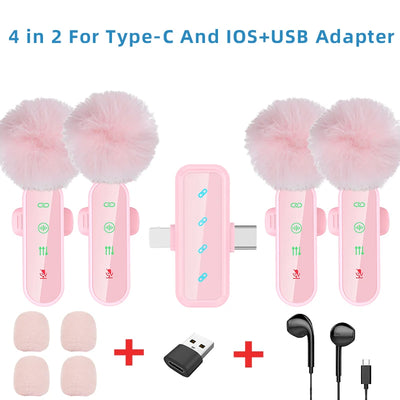Pink 1 in 4 Lavalier Microphone Noise Cancelling Wireless With Wind Muff Lapel Mic For iPhone Android Camera 4 Pack LED Display - LKBA