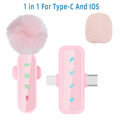 Pink 1 in 4 Lavalier Microphone Noise Cancelling Wireless With Wind Muff Lapel Mic For iPhone Android Camera 4 Pack LED Display - LKBA