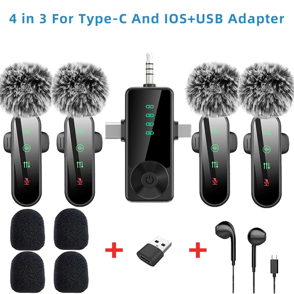 Pink 1 in 4 Lavalier Microphone Noise Cancelling Wireless With Wind Muff Lapel Mic For iPhone Android Camera 4 Pack LED Display - LKBA