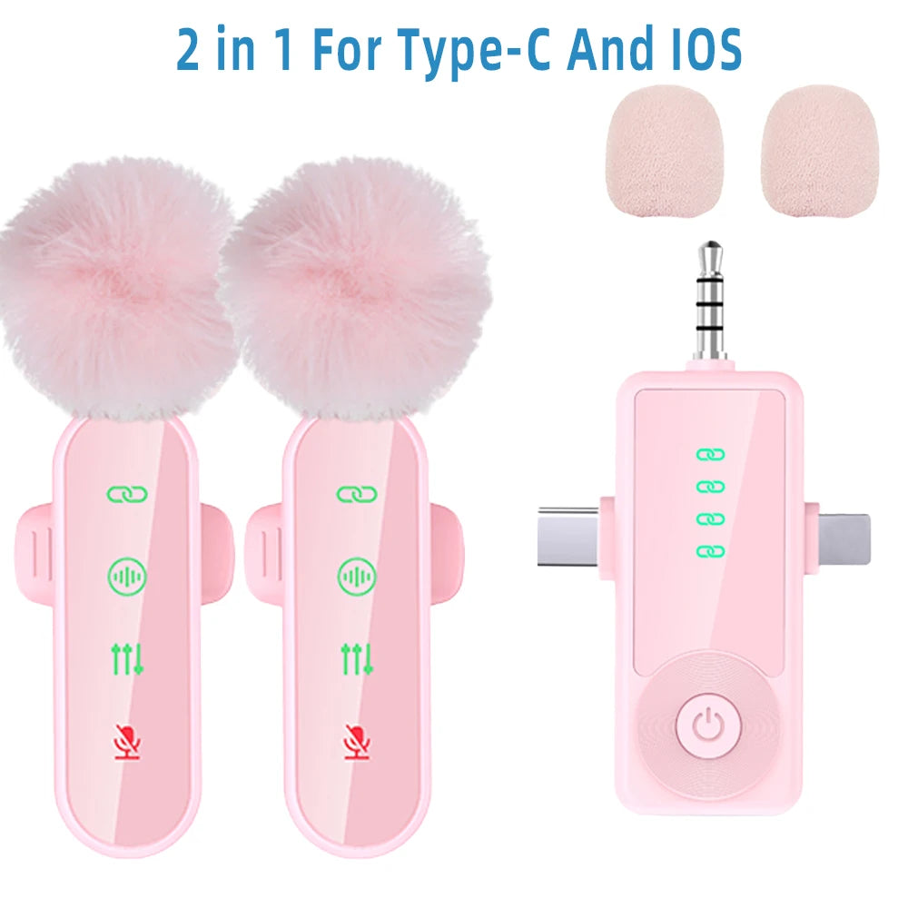 Pink 1 in 4 Lavalier Microphone Noise Cancelling Wireless With Wind Muff Lapel Mic For iPhone Android Camera 4 Pack LED Display - LKBA