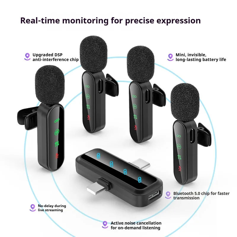 Pink 1 in 4 Lavalier Microphone Noise Cancelling Wireless With Wind Muff Lapel Mic For iPhone Android Camera 4 Pack LED Display - LKBA