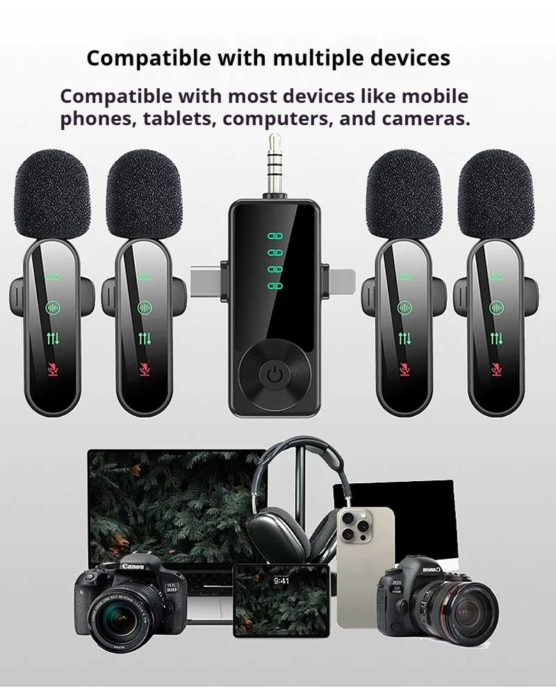 Pink 1 in 4 Lavalier Microphone Noise Cancelling Wireless With Wind Muff Lapel Mic For iPhone Android Camera 4 Pack LED Display - LKBA