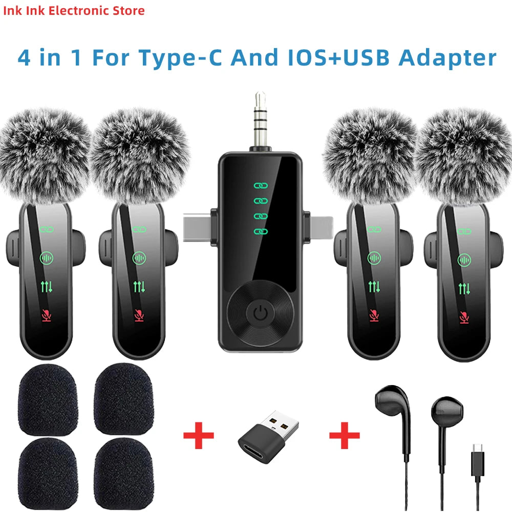 Pink 1 in 4 Lavalier Microphone Noise Cancelling Wireless With Wind Muff Lapel Mic For iPhone Android Camera 4 Pack LED Display - LKBA