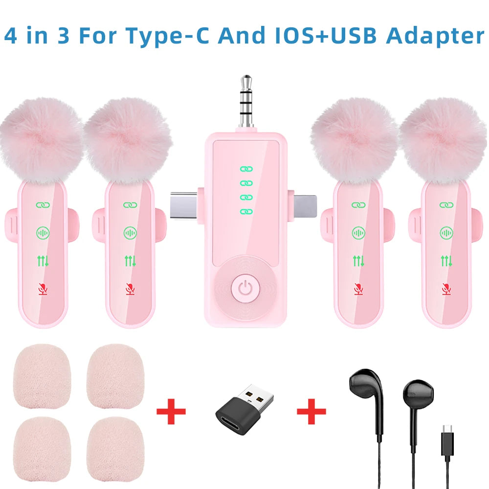 Pink 1 in 4 Lavalier Microphone Noise Cancelling Wireless With Wind Muff Lapel Mic For iPhone Android Camera 4 Pack LED Display - LKBA