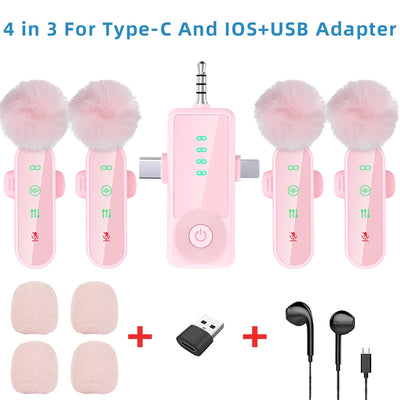 Pink 1 in 4 Lavalier Microphone Noise Cancelling Wireless With Wind Muff Lapel Mic For iPhone Android Camera 4 Pack LED Display - LKBA