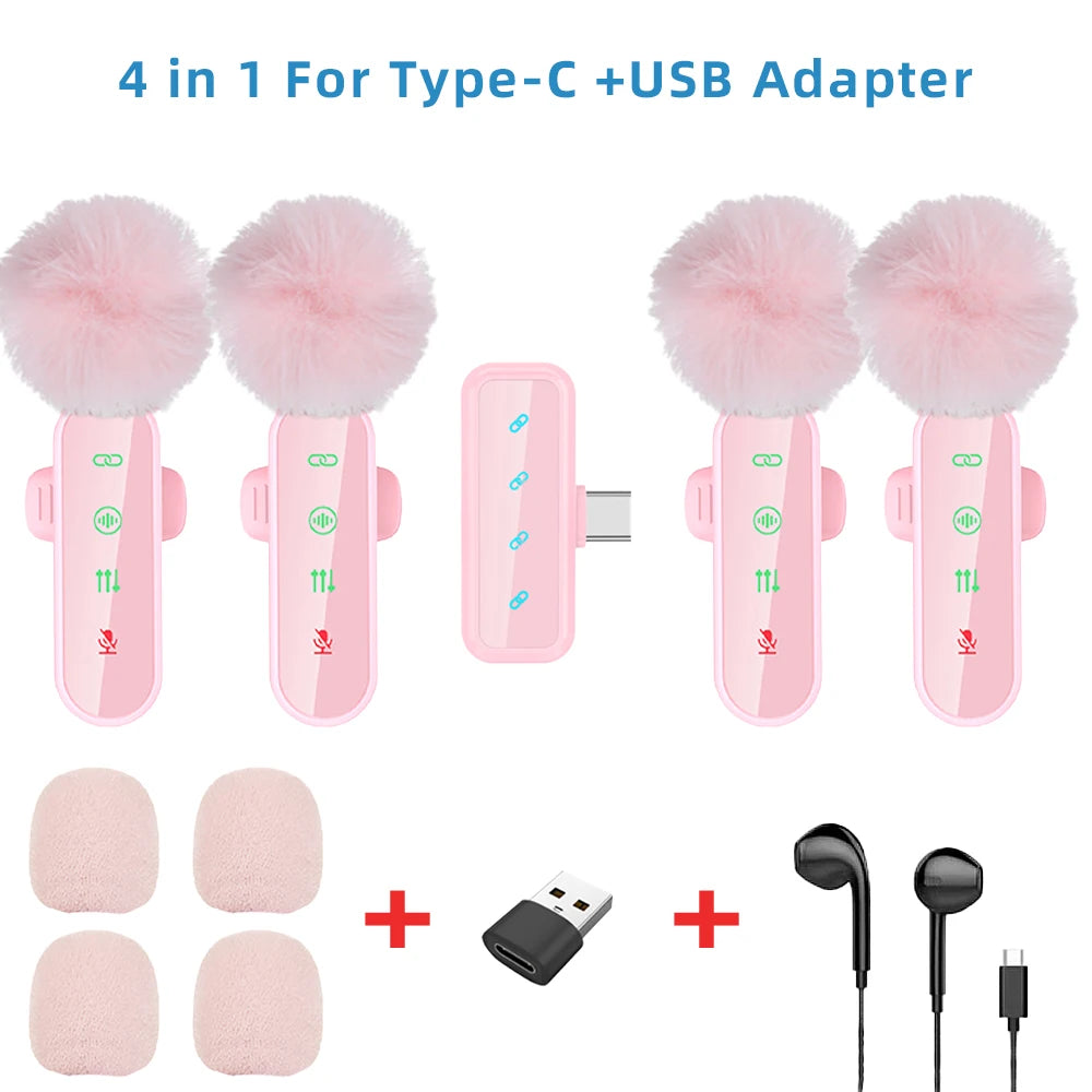 Pink 1 in 4 Lavalier Microphone Noise Cancelling Wireless With Wind Muff Lapel Mic For iPhone Android Camera 4 Pack LED Display - LKBA