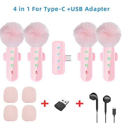 Pink 1 in 4 Lavalier Microphone Noise Cancelling Wireless With Wind Muff Lapel Mic For iPhone Android Camera 4 Pack LED Display - LKBA