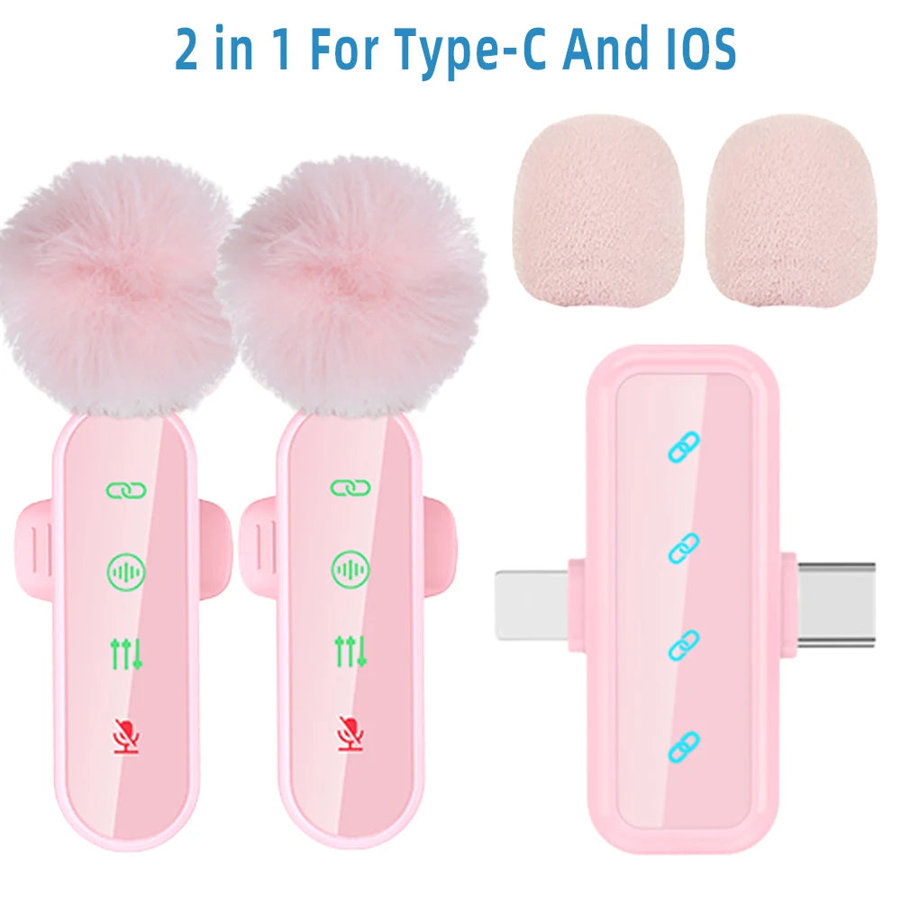 Pink 1 in 4 Lavalier Microphone Noise Cancelling Wireless With Wind Muff Lapel Mic For iPhone Android Camera 4 Pack LED Display - LKBA