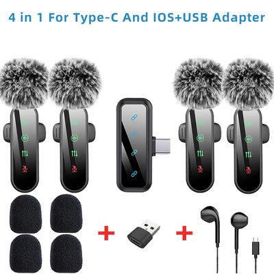 Pink 1 in 4 Lavalier Microphone Noise Cancelling Wireless With Wind Muff Lapel Mic For iPhone Android Camera 4 Pack LED Display - LKBA