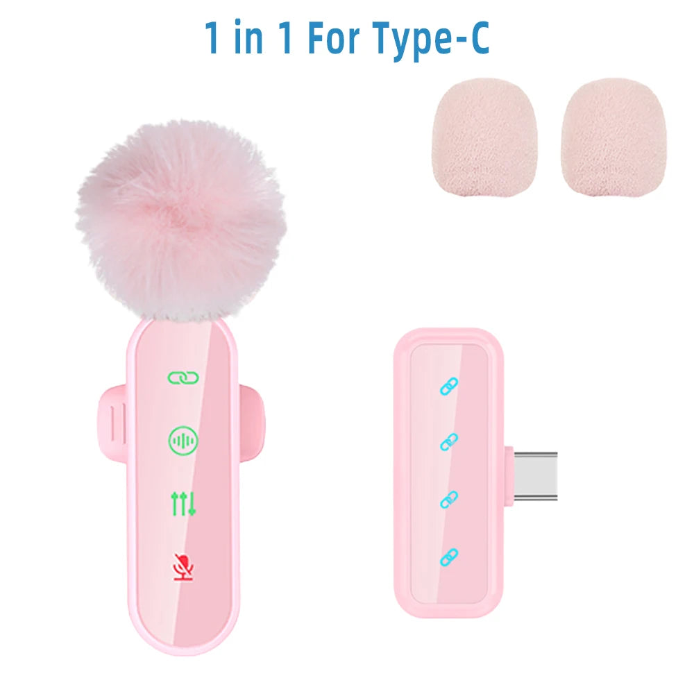 Pink 1 in 4 Lavalier Microphone Noise Cancelling Wireless With Wind Muff Lapel Mic For iPhone Android Camera 4 Pack LED Display - LKBA