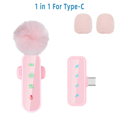 Pink 1 in 4 Lavalier Microphone Noise Cancelling Wireless With Wind Muff Lapel Mic For iPhone Android Camera 4 Pack LED Display - LKBA