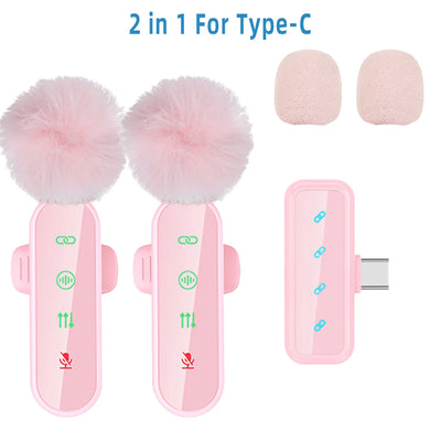 Pink 1 in 4 Lavalier Microphone Noise Cancelling Wireless With Wind Muff Lapel Mic For iPhone Android Camera 4 Pack LED Display - LKBA