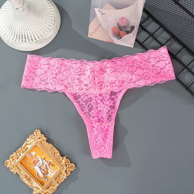Women Sexy Lace Panties Low Waist Underwear Thong Female G-String Breathable Lingerie Temptation Hollow Out Printing Intimates - LKBA