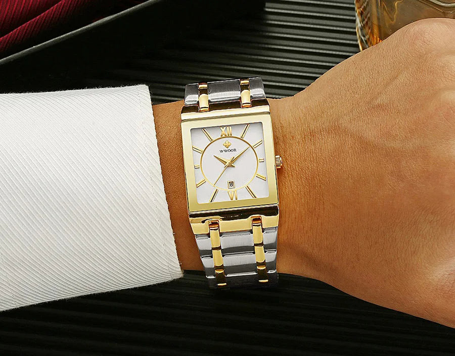 WWOOR Brand Luxury Gold Bracelet Men's Watches Fashion Square Quartz Wrist Watch For Men Stainless Steel Waterproof Reloj Hombre - LKBA