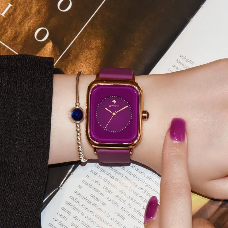 WWOOR Luxury Brand Watches For Women Fashion Square Purple Ladies Quartz Wristwatch Waterproof Silicone Band Relogio Feminino - LKBA