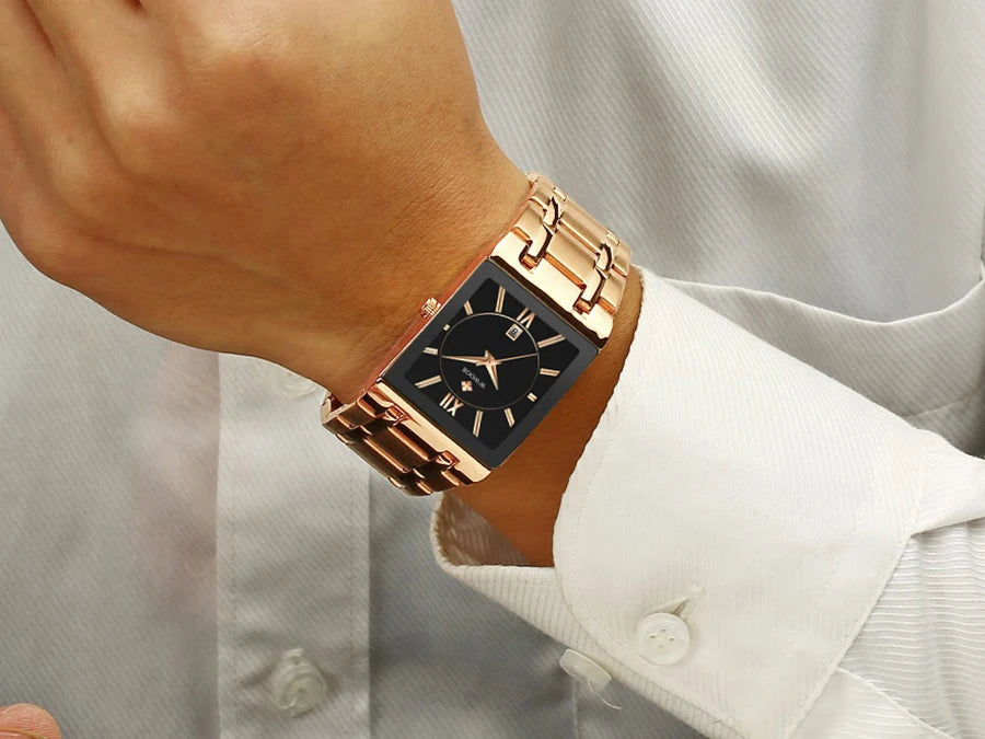 WWOOR Brand Luxury Gold Bracelet Men's Watches Fashion Square Quartz Wrist Watch For Men Stainless Steel Waterproof Reloj Hombre