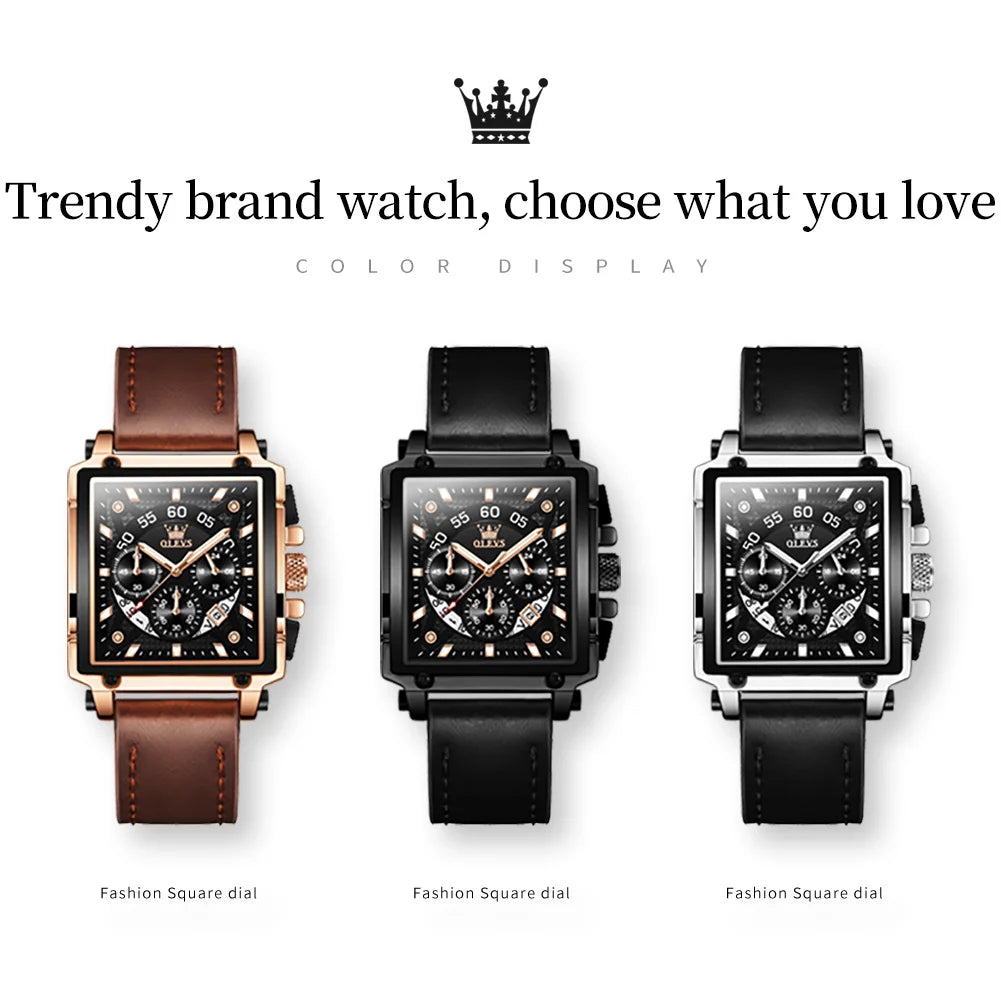 OLEVS Top Brand Male Watches Square Quartz Watch Watch For Men Waterproof Leather Strap Sport Clock Male Relogio Masculino - LKBA
