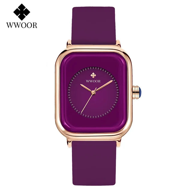 WWOOR Luxury Brand Watches For Women Fashion Square Purple Ladies Quartz Wristwatch Waterproof Silicone Band Relogio Feminino - LKBA