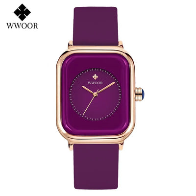 WWOOR Luxury Brand Watches For Women Fashion Square Purple Ladies Quartz Wristwatch Waterproof Silicone Band Relogio Feminino - LKBA
