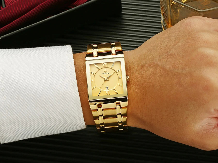 Fashion Stainless Steel Watches Men 2024 WWOOR Square Waterproof Quartz Watch Men Top Brand Luxury Gold Black Wristwatch For Man - LKBA
