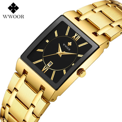 Fashion Stainless Steel Watches Men 2024 WWOOR Square Waterproof Quartz Watch Men Top Brand Luxury Gold Black Wristwatch For Man - LKBA