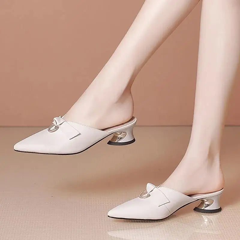Women Cute Sweet High Quality Beige Bezel Slip on Stiletto Lady Classic Comfort Stylish Heel Shoes Zapato Negro Tacon E5867 - LKBA