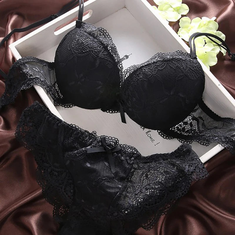 European Style Sexy Bra Set Women Cotton Underwear Sexy Lace Panties Female Push Up Brassiere Fashion Solid Color Lingerie Set - LKBA