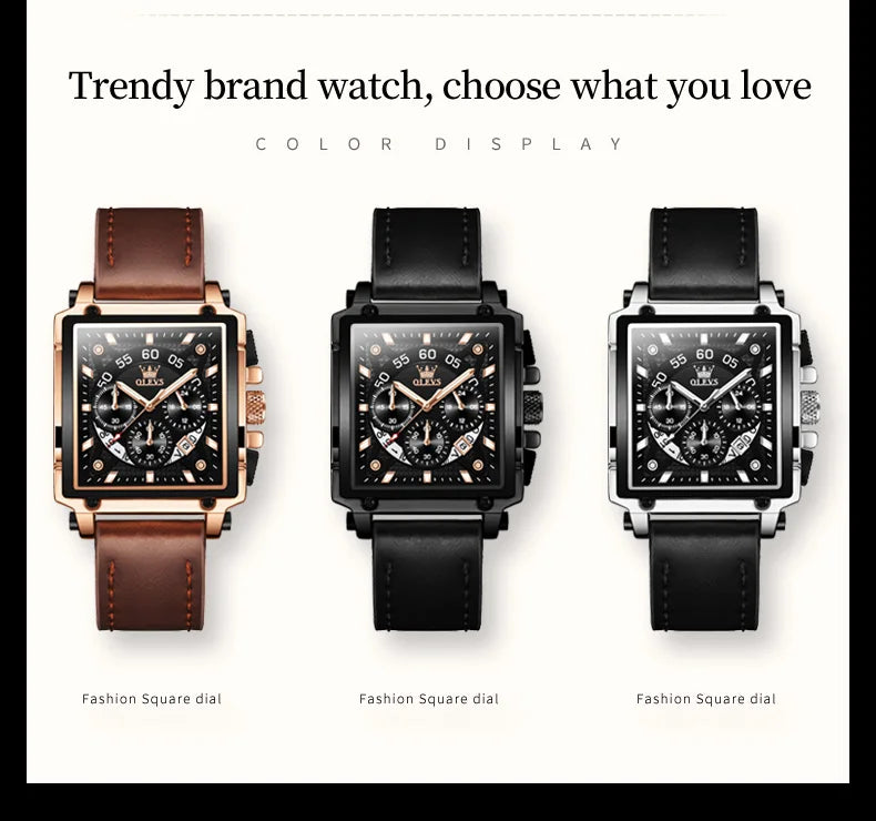 OLEVS Top Brand Male Watches Square Quartz Watch Watch For Men Waterproof Leather Strap Sport Clock Male Relogio Masculino - LKBA