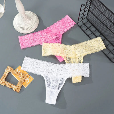 Women Sexy Lace Panties Low Waist Underwear Thong Female G-String Breathable Lingerie Temptation Hollow Out Printing Intimates - LKBA