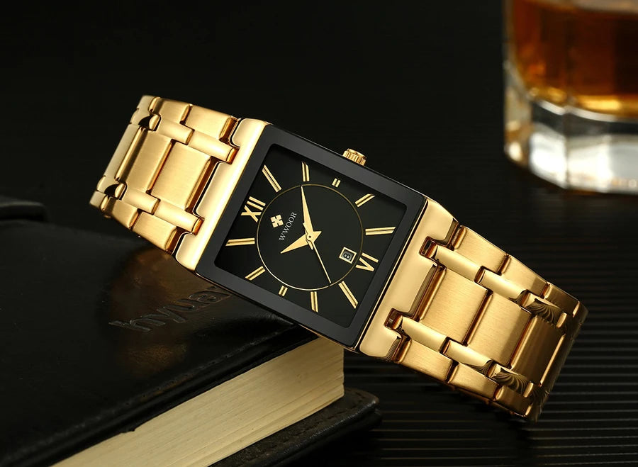 WWOOR Brand Luxury Gold Bracelet Men's Watches Fashion Square Quartz Wrist Watch For Men Stainless Steel Waterproof Reloj Hombre - LKBA