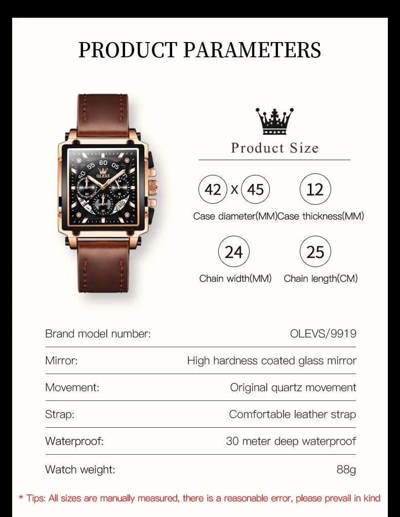 OLEVS Top Brand Male Watches Square Quartz Watch Watch For Men Waterproof Leather Strap Sport Clock Male Relogio Masculino - LKBA