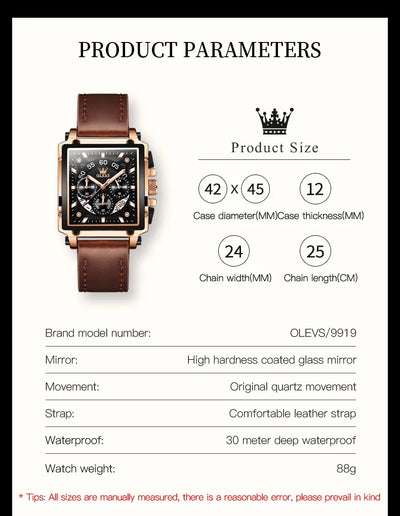OLEVS Top Brand Male Watches Square Quartz Watch Watch For Men Waterproof Leather Strap Sport Clock Male Relogio Masculino - LKBA