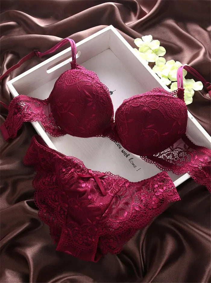 European Style Sexy Bra Set Women Cotton Underwear Sexy Lace Panties Female Push Up Brassiere Fashion Solid Color Lingerie Set - LKBA