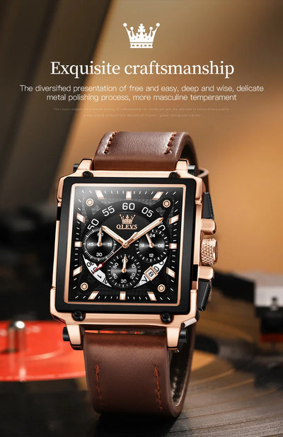 OLEVS Top Brand Male Watches Square Quartz Watch Watch For Men Waterproof Leather Strap Sport Clock Male Relogio Masculino - LKBA