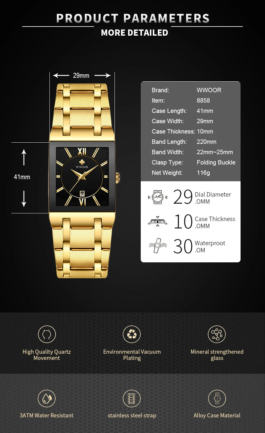 WWOOR Brand Luxury Gold Bracelet Men's Watches Fashion Square Quartz Wrist Watch For Men Stainless Steel Waterproof Reloj Hombre - LKBA