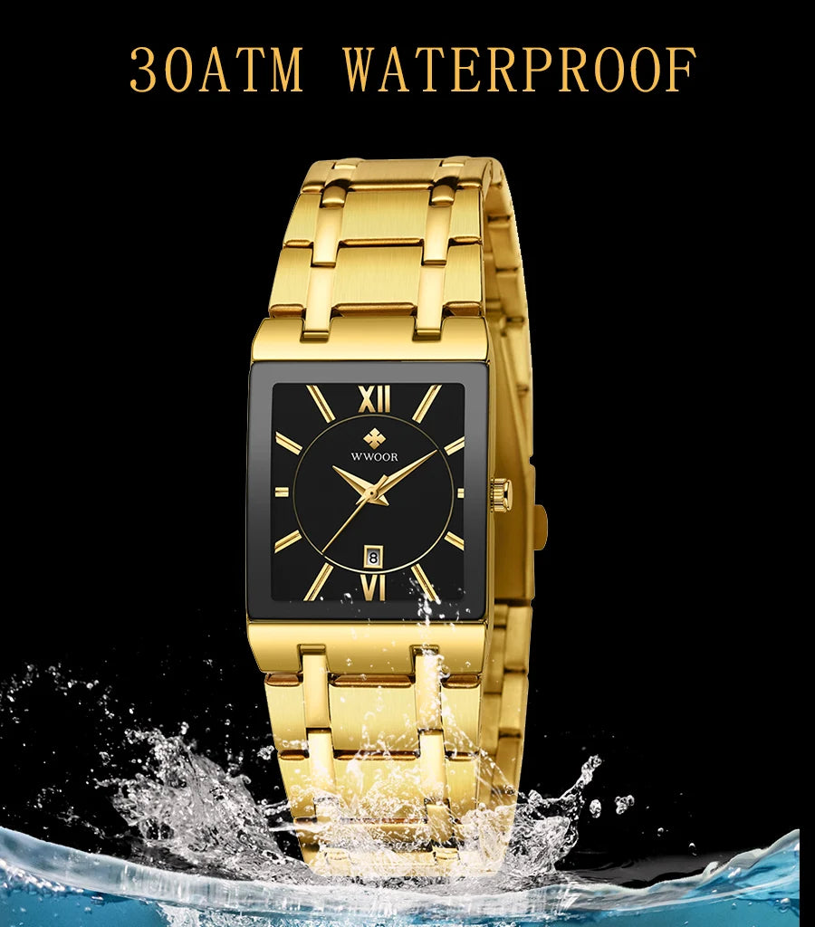 WWOOR Brand Luxury Gold Bracelet Men's Watches Fashion Square Quartz Wrist Watch For Men Stainless Steel Waterproof Reloj Hombre - LKBA