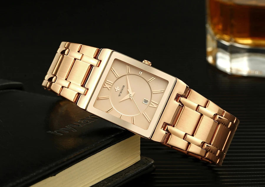 WWOOR Brand Luxury Gold Bracelet Men's Watches Fashion Square Quartz Wrist Watch For Men Stainless Steel Waterproof Reloj Hombre