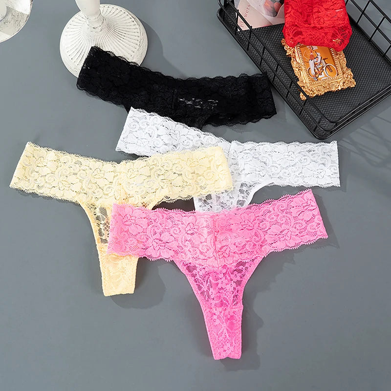 Women Sexy Lace Panties Low Waist Underwear Thong Female G-String Breathable Lingerie Temptation Hollow Out Printing Intimates - LKBA