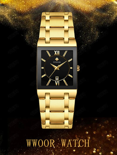 Fashion Stainless Steel Watches Men 2024 WWOOR Square Waterproof Quartz Watch Men Top Brand Luxury Gold Black Wristwatch For Man - LKBA
