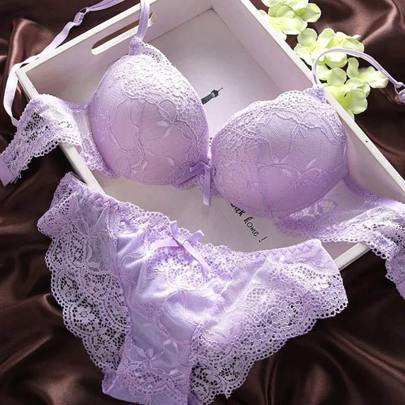 European Style Sexy Bra Set Women Cotton Underwear Sexy Lace Panties Female Push Up Brassiere Fashion Solid Color Lingerie Set - LKBA