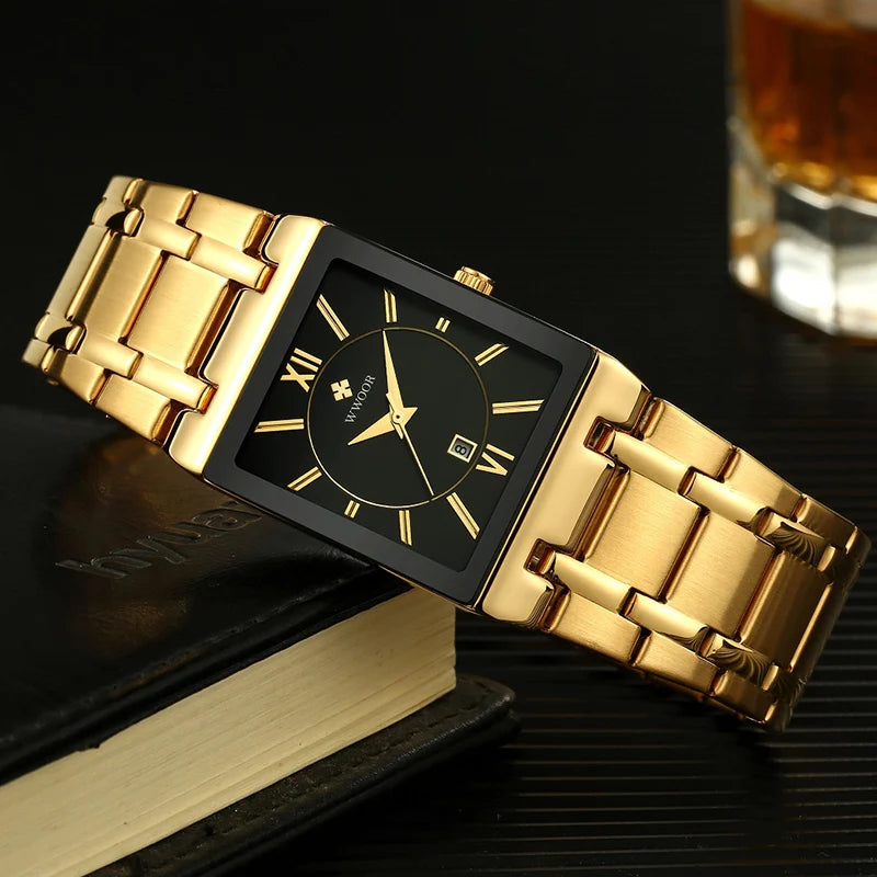 Fashion Stainless Steel Watches Men 2024 WWOOR Square Waterproof Quartz Watch Men Top Brand Luxury Gold Black Wristwatch For Man - LKBA