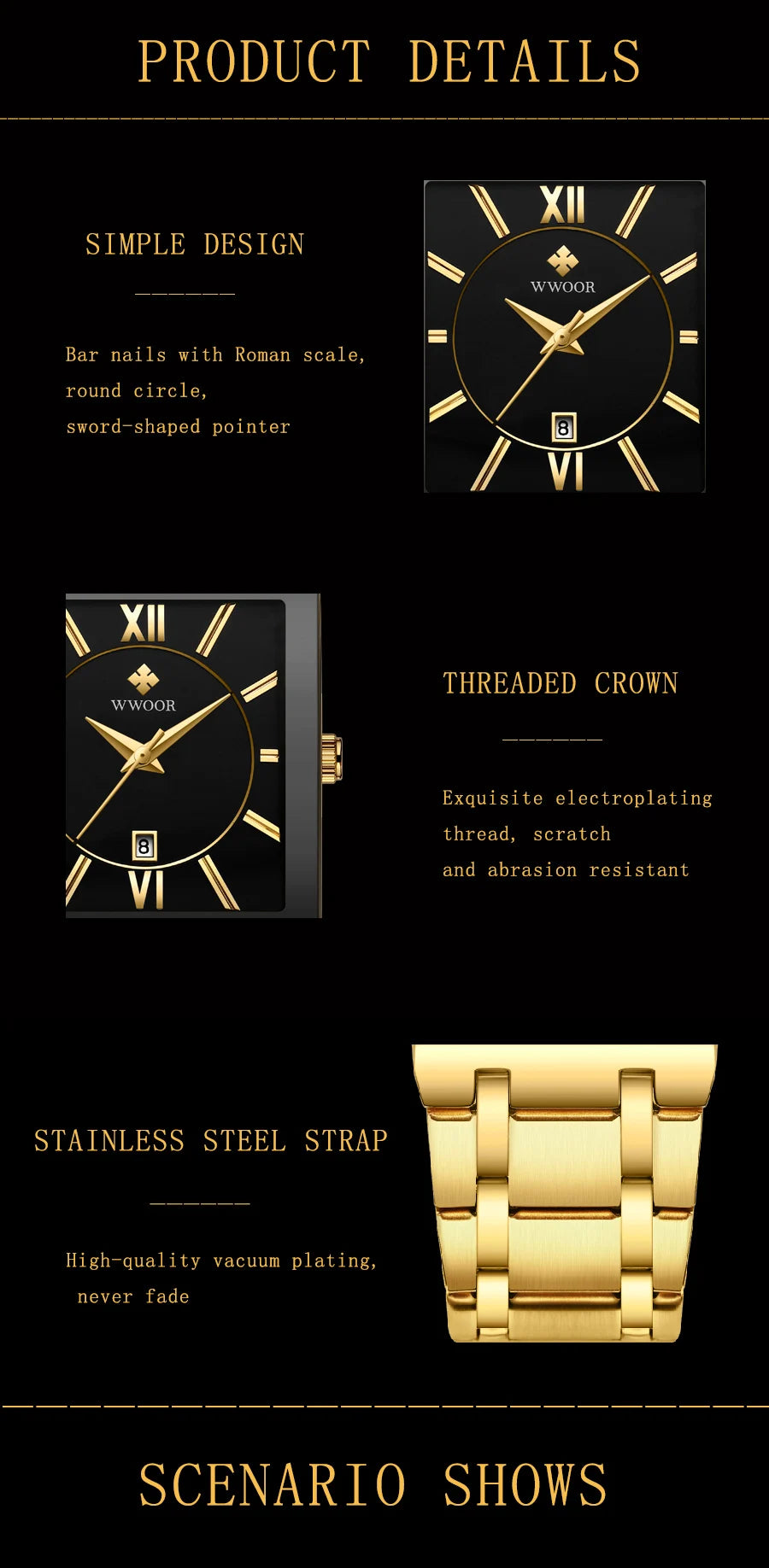 Fashion Stainless Steel Watches Men 2024 WWOOR Square Waterproof Quartz Watch Men Top Brand Luxury Gold Black Wristwatch For Man - LKBA