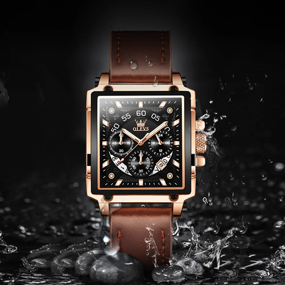 OLEVS Top Brand Male Watches Square Quartz Watch Watch For Men Waterproof Leather Strap Sport Clock Male Relogio Masculino - LKBA
