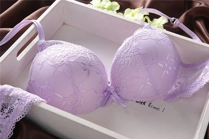 European Style Sexy Bra Set Women Cotton Underwear Sexy Lace Panties Female Push Up Brassiere Fashion Solid Color Lingerie Set - LKBA