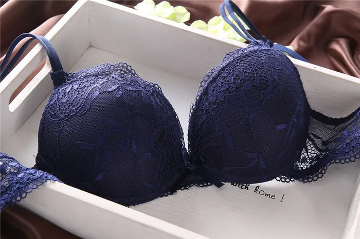 European Style Sexy Bra Set Women Cotton Underwear Sexy Lace Panties Female Push Up Brassiere Fashion Solid Color Lingerie Set - LKBA
